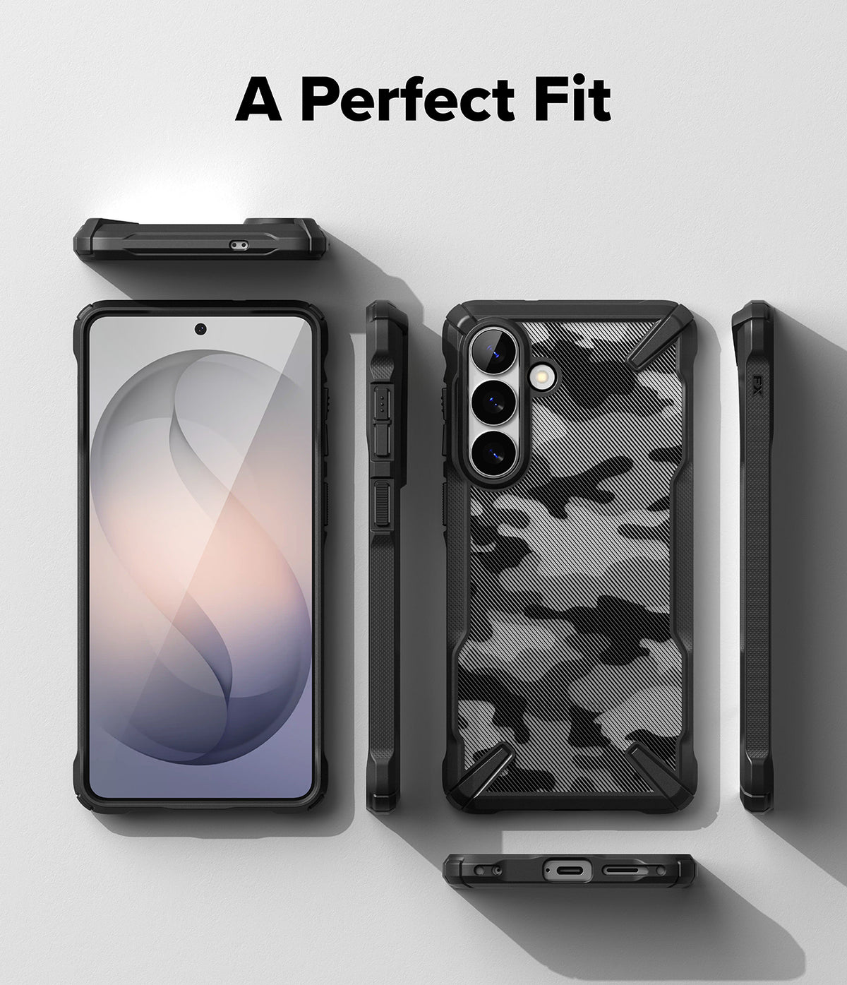 Galaxy S26 Plus Case | Fusion-X - Multi-angle view of a black camo phone case on a Galaxy S26 Plus against a white background.
