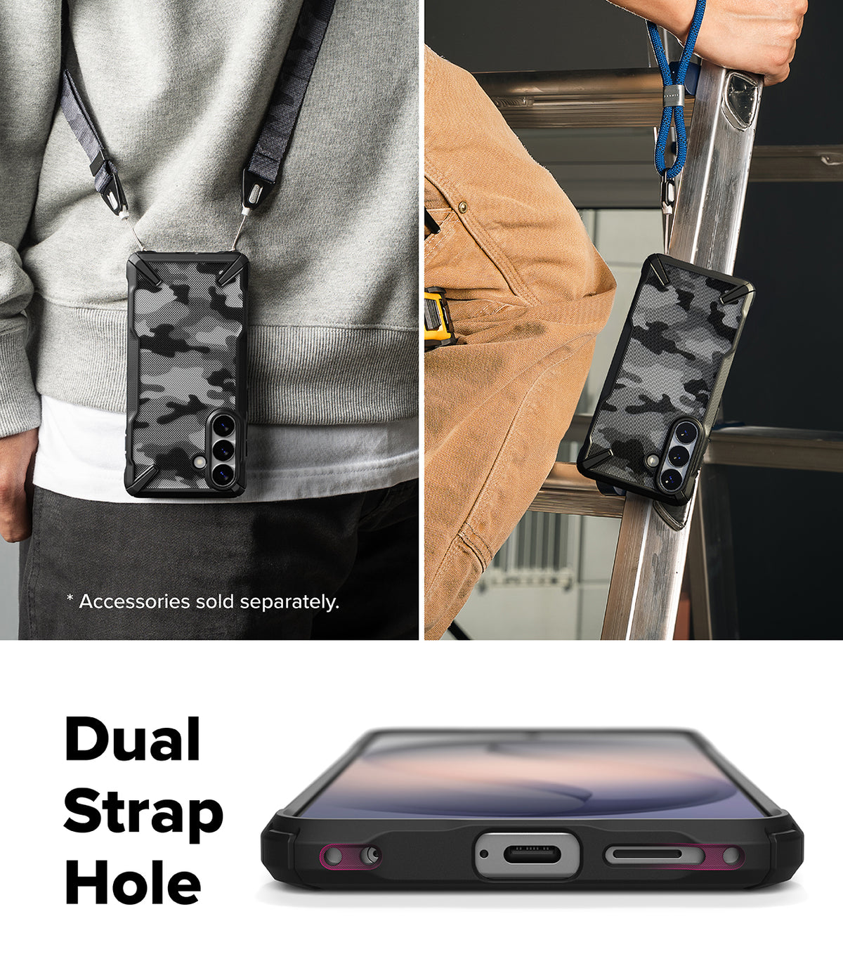 Galaxy S26 Plus Case | Fusion-X - Camo phone case worn with straps and a close-up of the dual strap hole at the bottom.