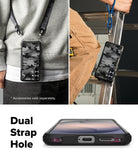 Galaxy S26 Plus Case | Fusion-X - Camo phone case worn with straps and a close-up of the dual strap hole at the bottom.