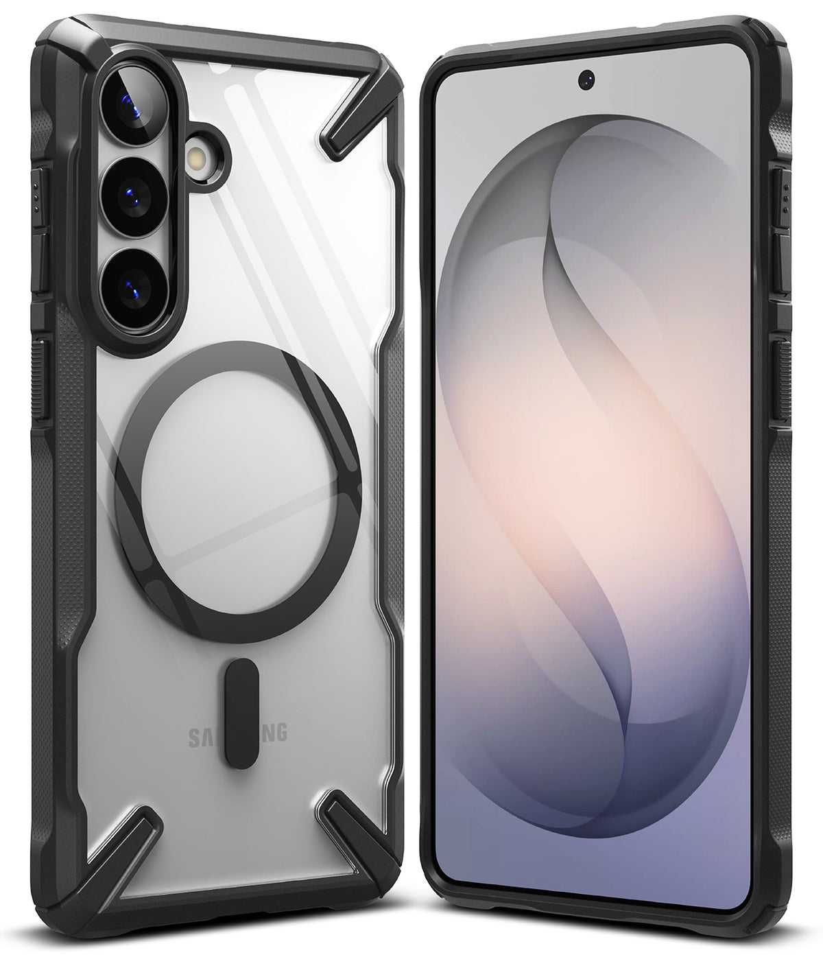 Galaxy S26 Plus Case | Fusion-X Magnetic - Clear protective case with black magnetic ring and rugged frame on a phone.