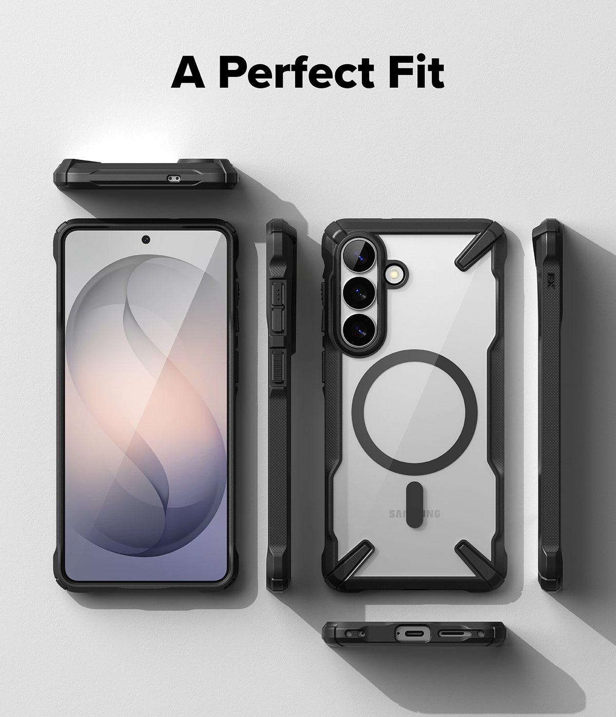 Galaxy S26 Plus Case | Fusion-X Magnetic - Multiple views of a clear phone case with black bumpers and magnetic ring.