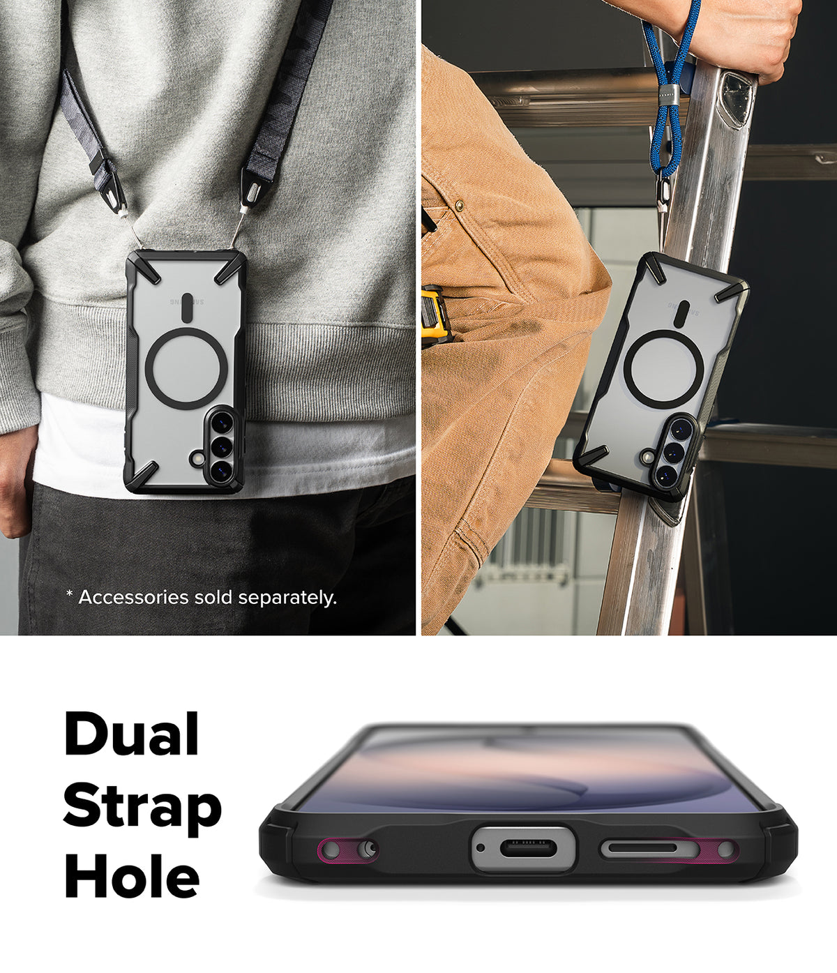 Galaxy S26 Plus Case | Fusion-X Magnetic - Phone case with strap holes shown worn on a lanyard and on a ladder.