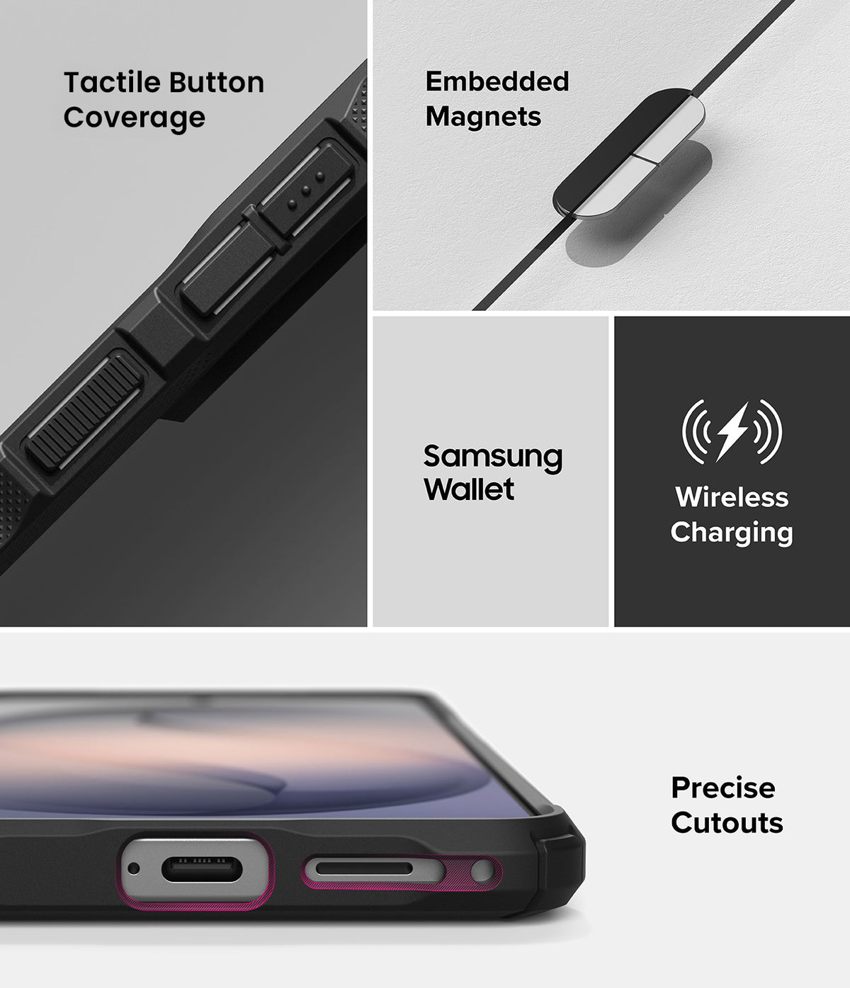 Galaxy S26 Plus Case | Fusion-X Magnetic - Features showing tactile buttons, embedded magnets, wallet, and charging.