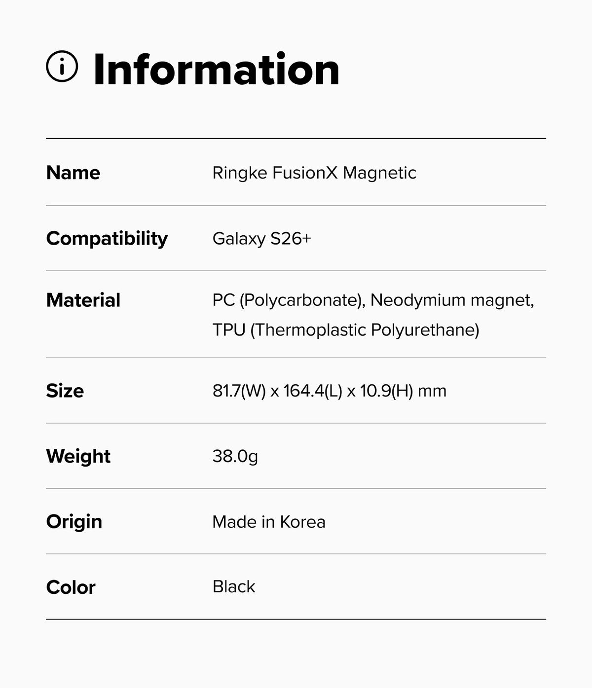 Galaxy S26 Plus Case | Fusion-X Magnetic - Information table listing product specs for the Galaxy S26+ case.