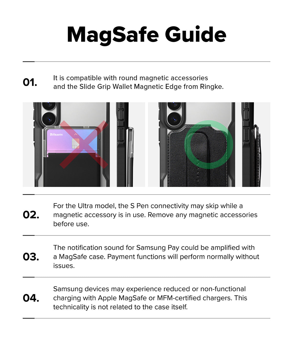 Galaxy S26 Plus Case | Fusion-X Magnetic - Infographic showing MagSafe compatibility, accessory usage, and charging tips.
