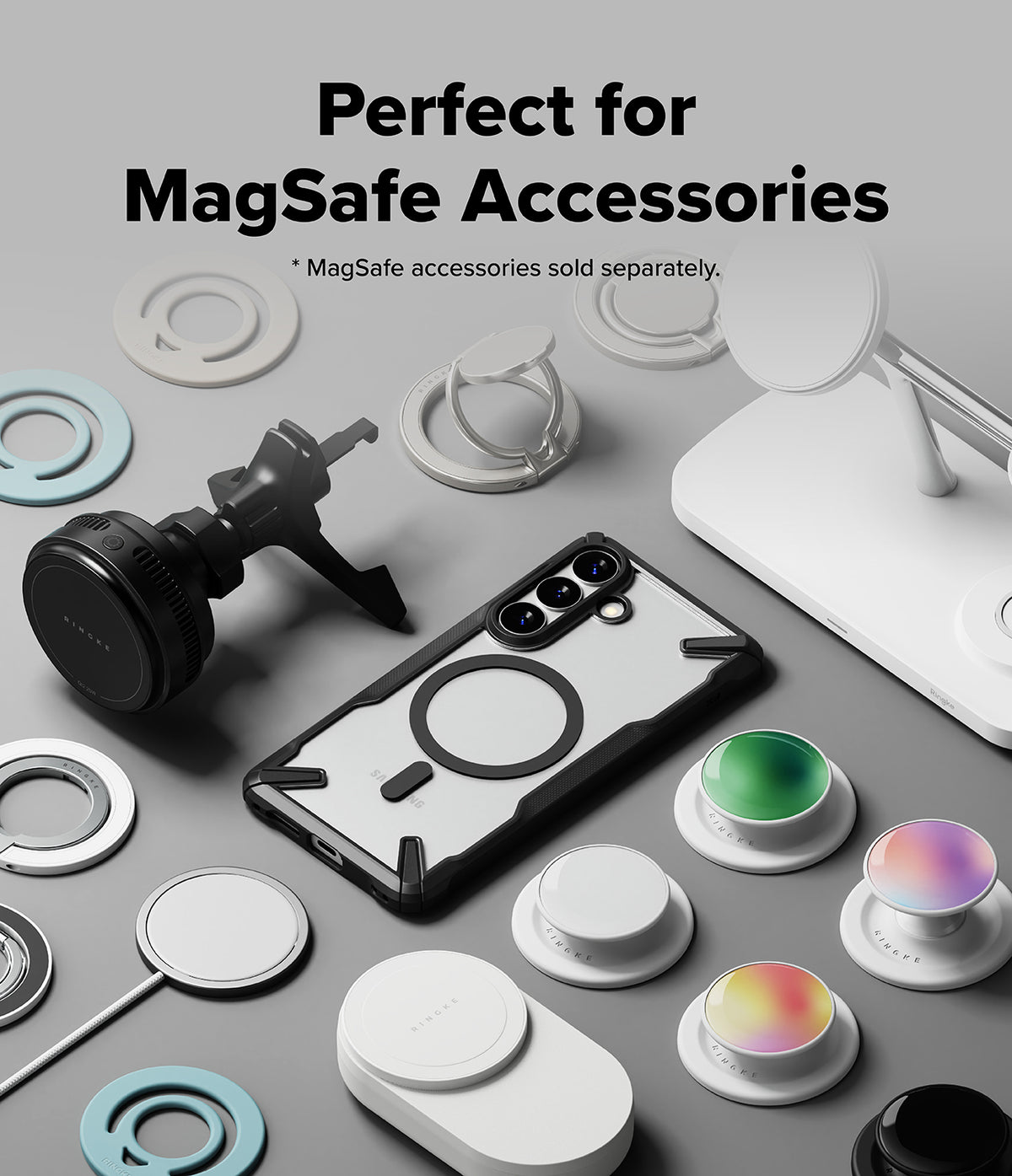 [Bundle] Galaxy S26 Plus | Fusion-X Magnetic - Galaxy S26 Plus | Fusion-X Magnetic - A Galaxy S26 Plus phone case surrounded by various MagSafe accessories on a gray surface.