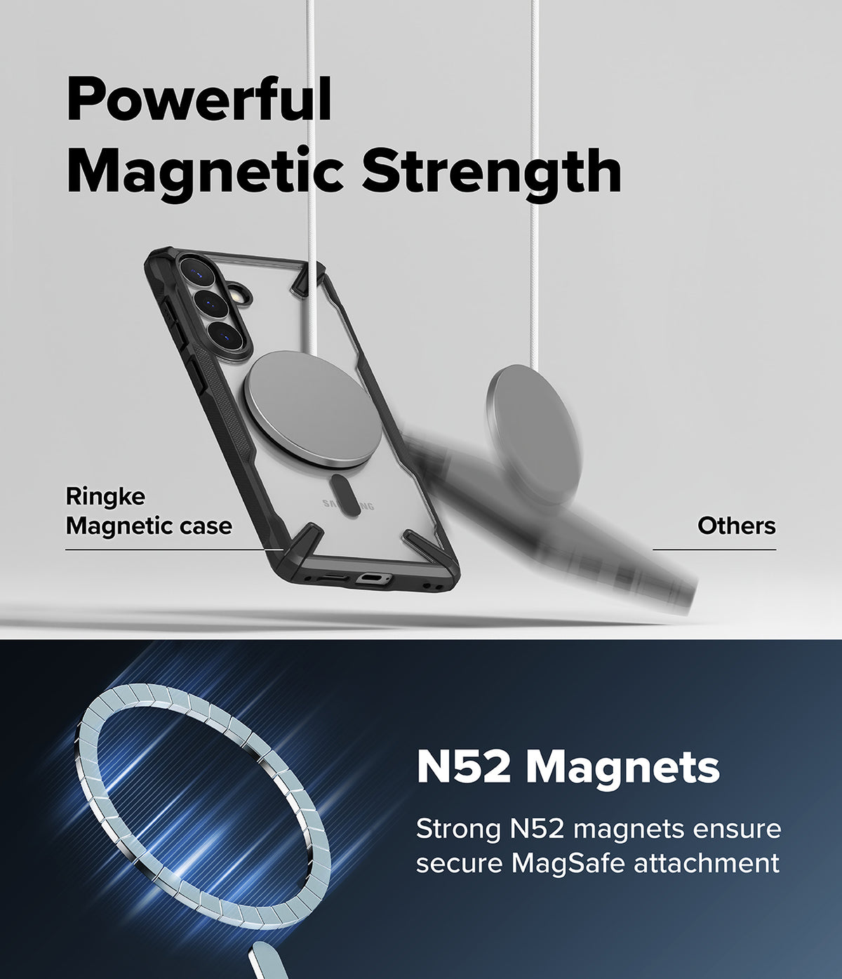 [Bundle] Galaxy S26 Plus | Fusion-X Magnetic - Galaxy S26 Plus | Fusion-X Magnetic - A magnetic phone case hanging securely compared to a falling phone without magnets.