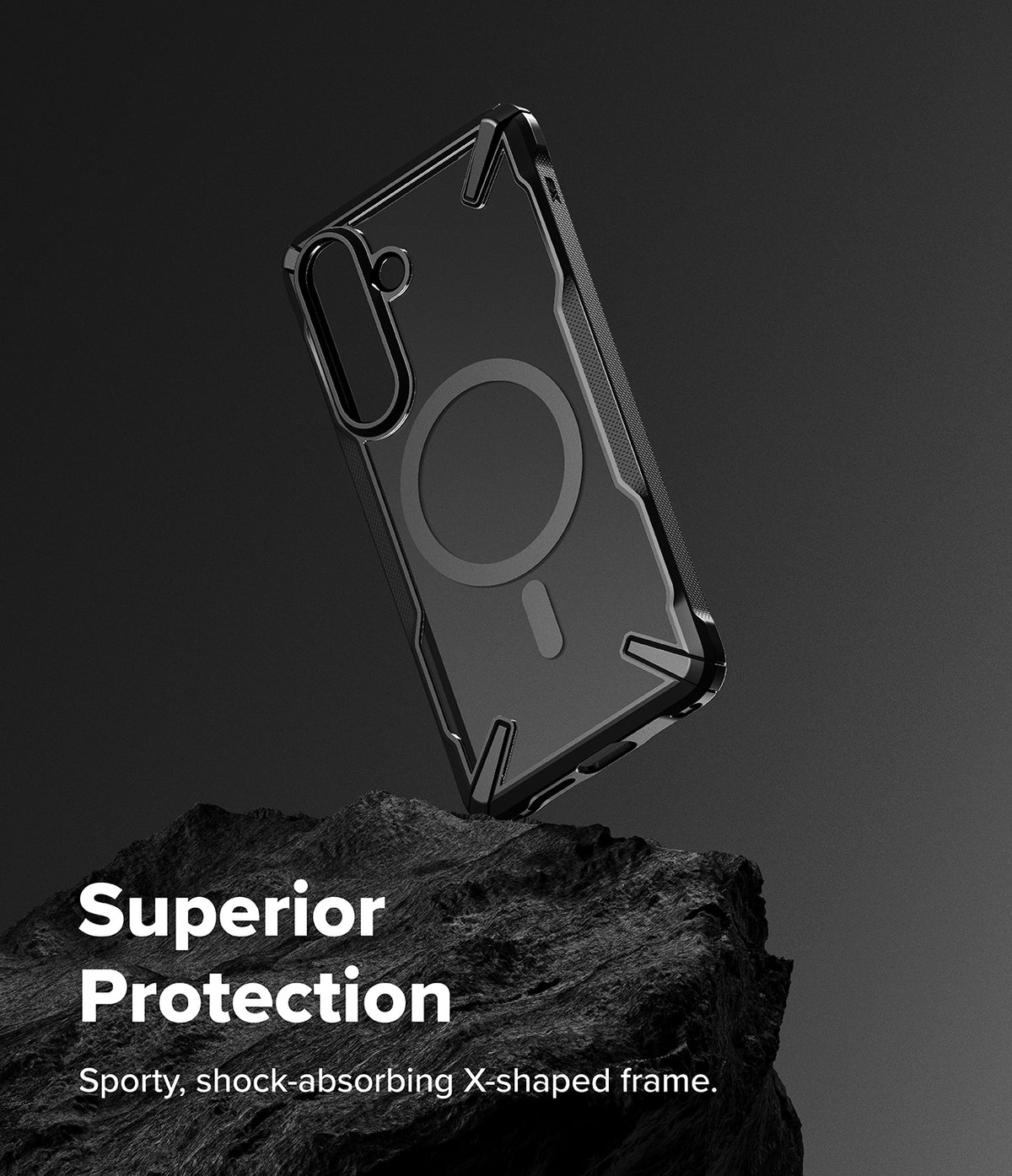 [Bundle] Galaxy S26 Plus | Fusion-X Magnetic - Galaxy S26 Plus | Fusion-X Magnetic - Clear phone case with black shock-absorbing frame and magnetic ring on a rock.