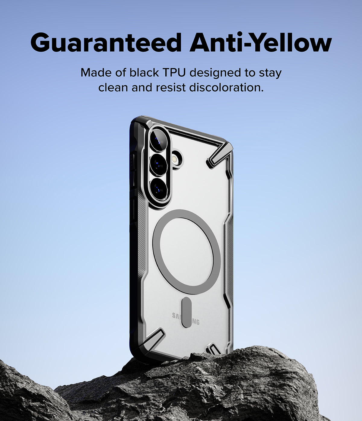 Galaxy S26 Plus Case | Fusion-X Magnetic - Black protective phone case with magnetic ring on a rocky surface.