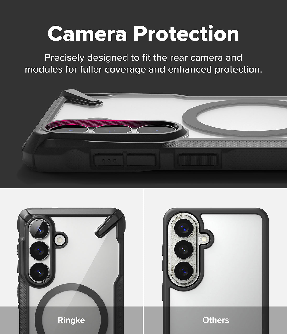Galaxy S26 Plus Case | Fusion-X Magnetic - Comparison showing Ringke case camera coverage versus a standard case.
