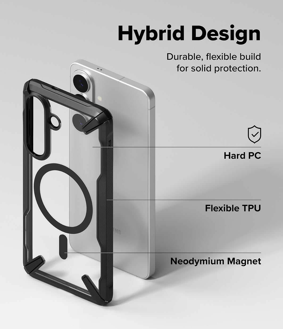 Galaxy S26 Plus Case | Fusion-X Magnetic - Exploded view of phone case showing hard PC, flexible TPU, and magnetic ring.