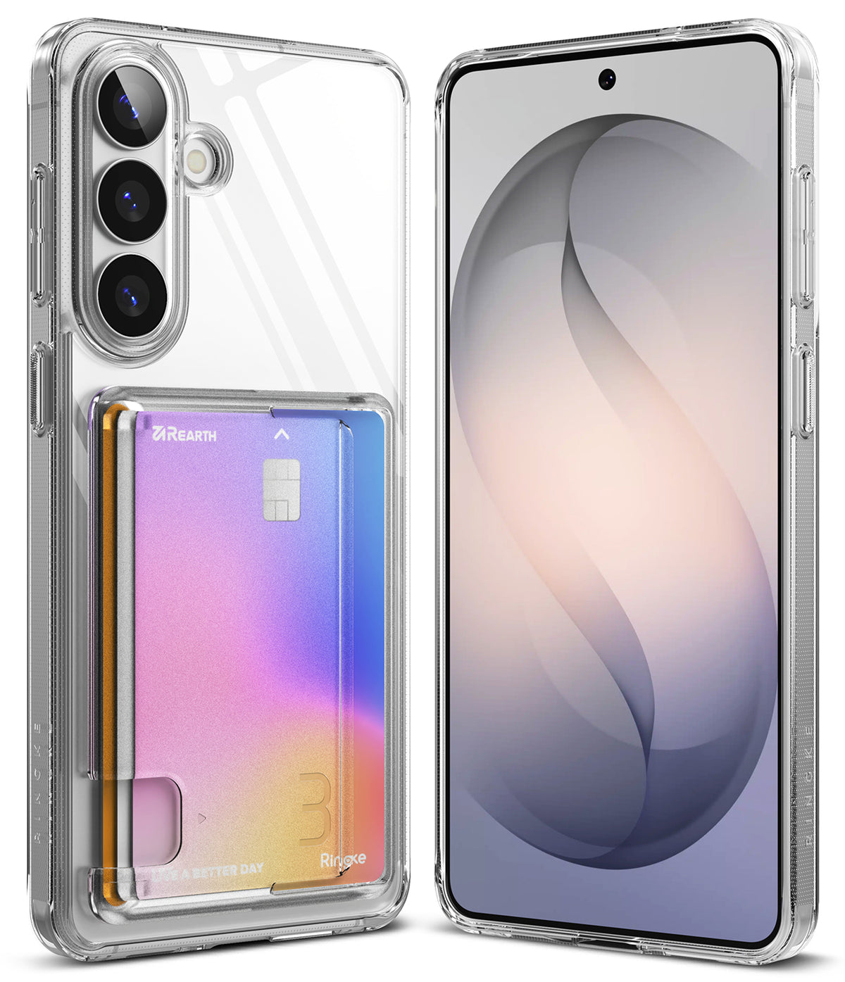 Galaxy S26 Plus Case | Fusion Card - Clear phone case with a built-in card holder showing a gradient card, front and back view.