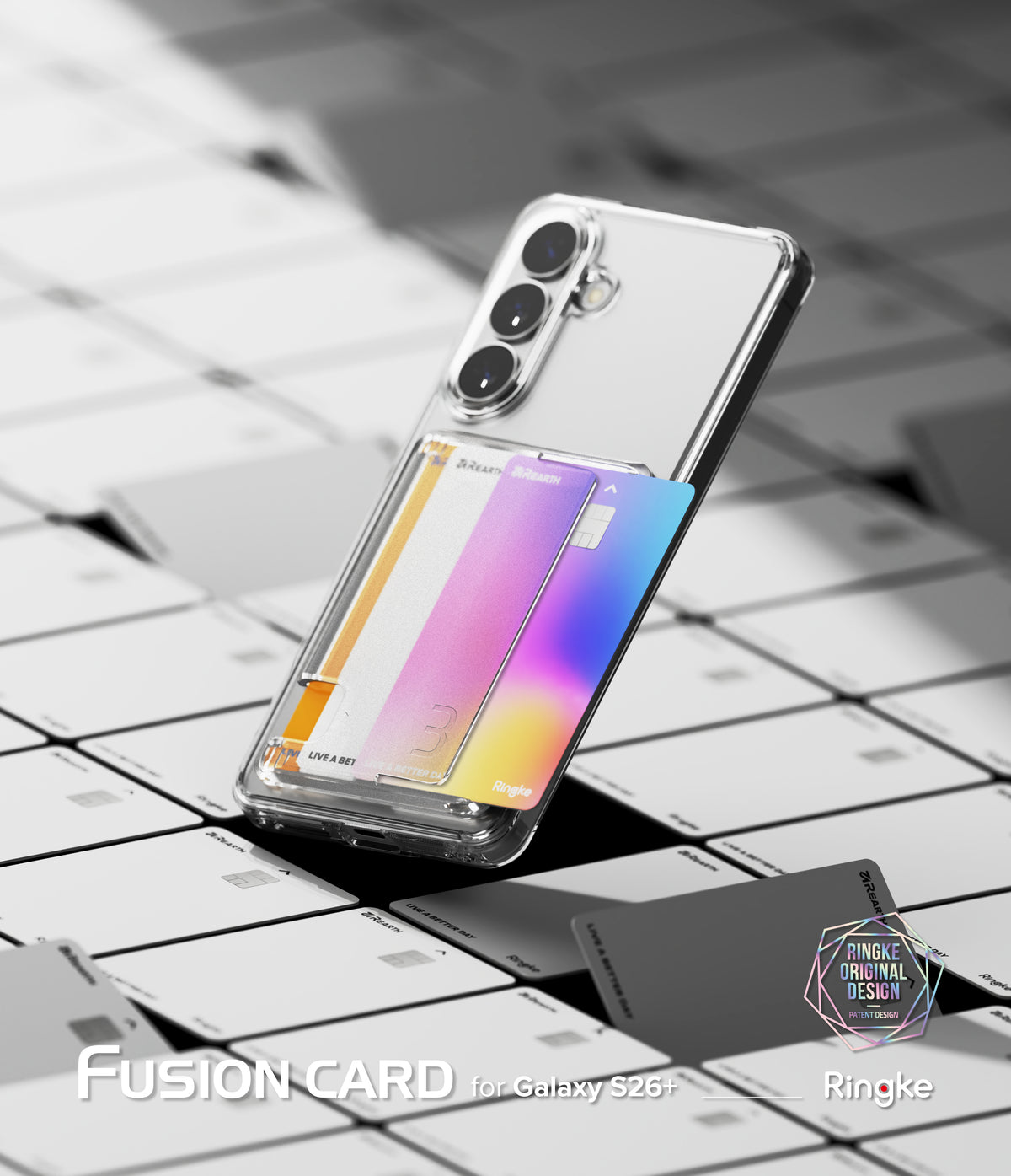 Galaxy S26 Plus Case | Fusion Card - Clear phone case holding a colorful credit card, angled over a grid of cards.