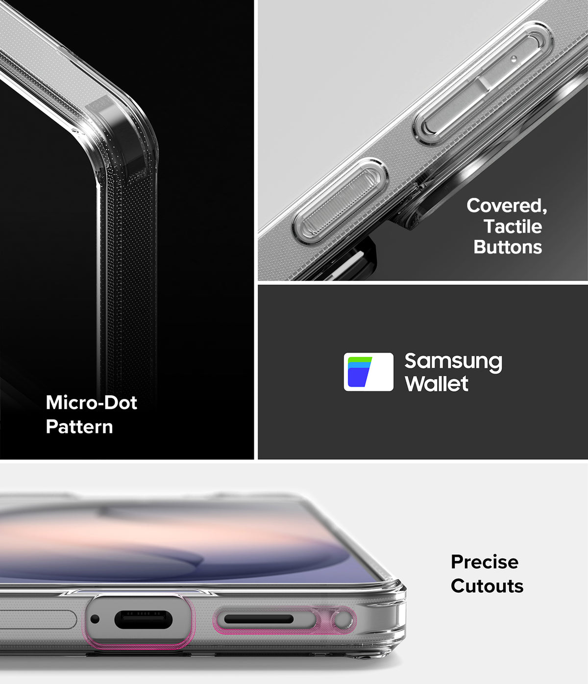 Galaxy S26 Plus Case | Fusion Card - Close-ups of clear phone case features: micro-dot pattern, tactile buttons, and precise port cutouts.