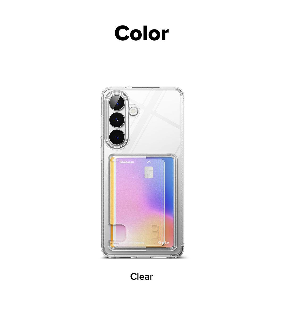 Galaxy S26 Plus Case | Fusion Card - Clear phone case holding a colorful credit card on a white background.