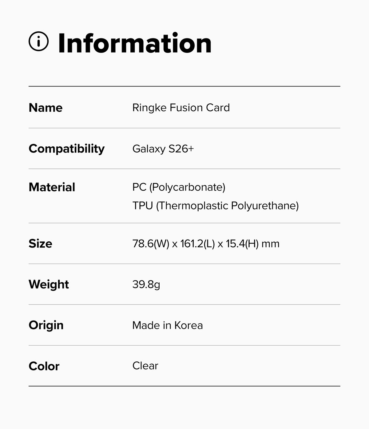 Galaxy S26 Plus Case | Fusion Card - Information table listing product name, compatibility, materials, size, weight, and origin.