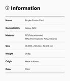 Galaxy S26 Plus Case | Fusion Card - Information table listing product name, compatibility, materials, size, weight, and origin.