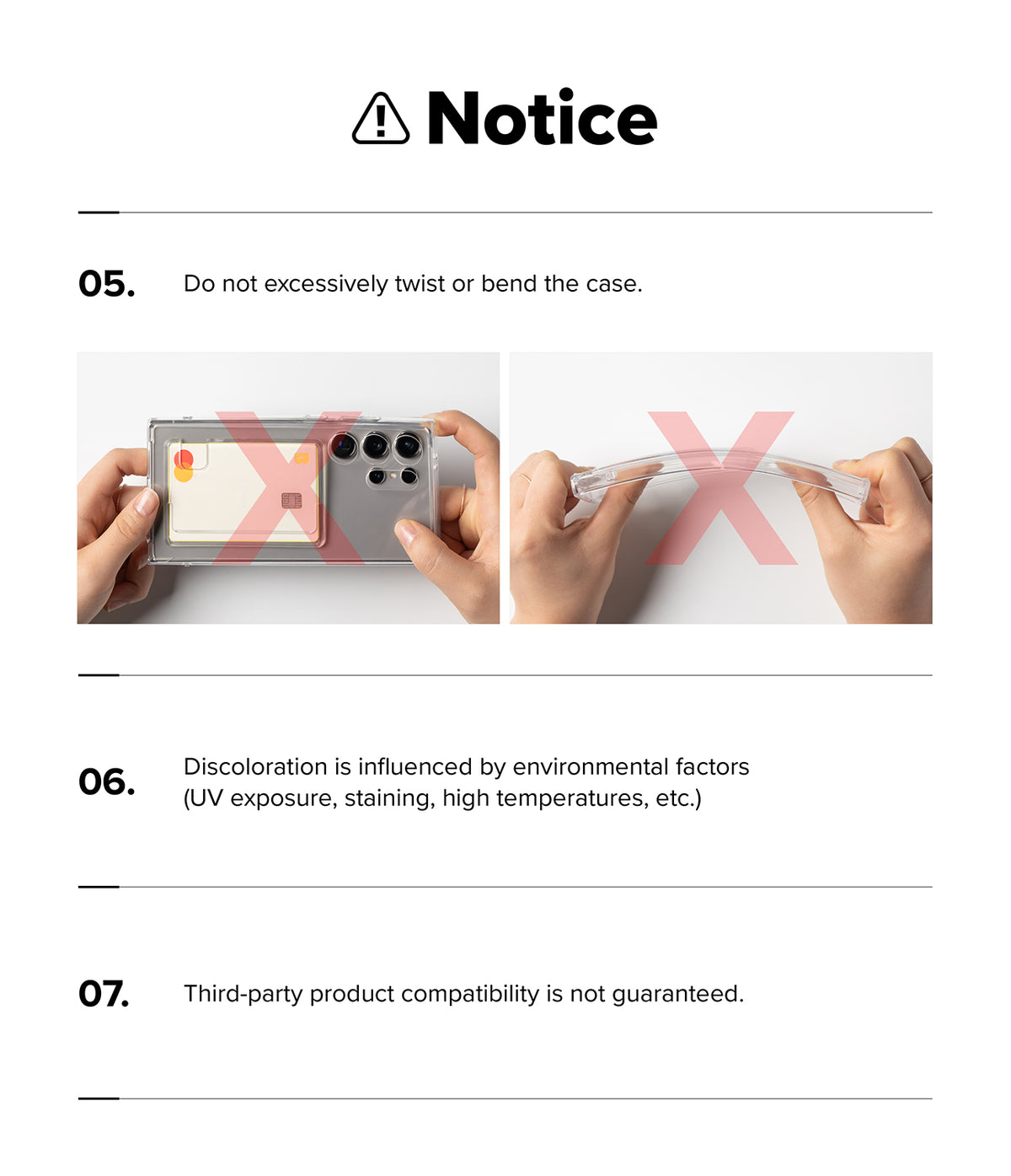 Galaxy S26 Plus Case | Fusion Card - Warning graphic showing hands bending a phone case with a large red X overlay.