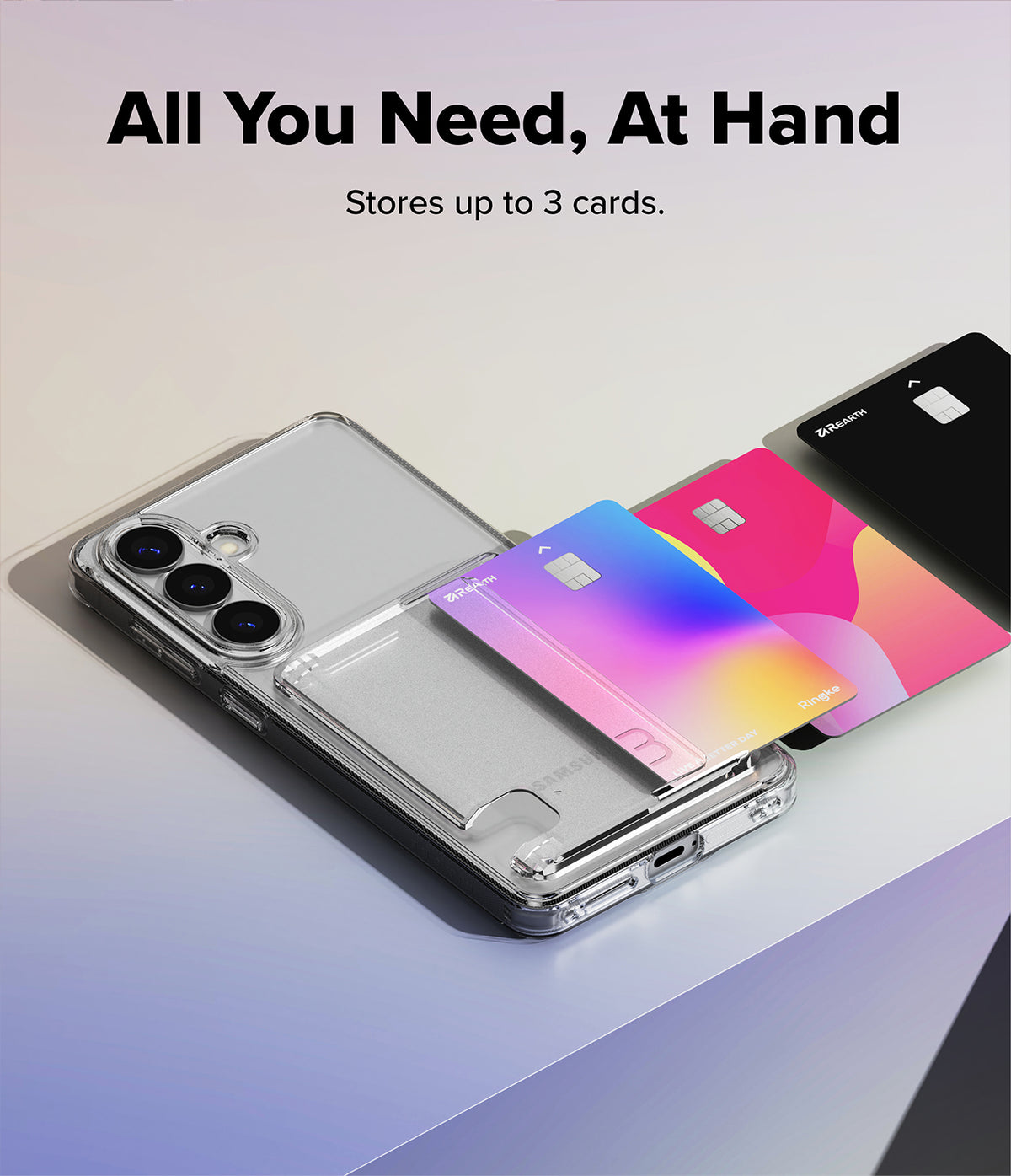 Galaxy S26 Plus Case | Fusion Card - Clear phone case with three colorful credit cards stacked in the back slot.