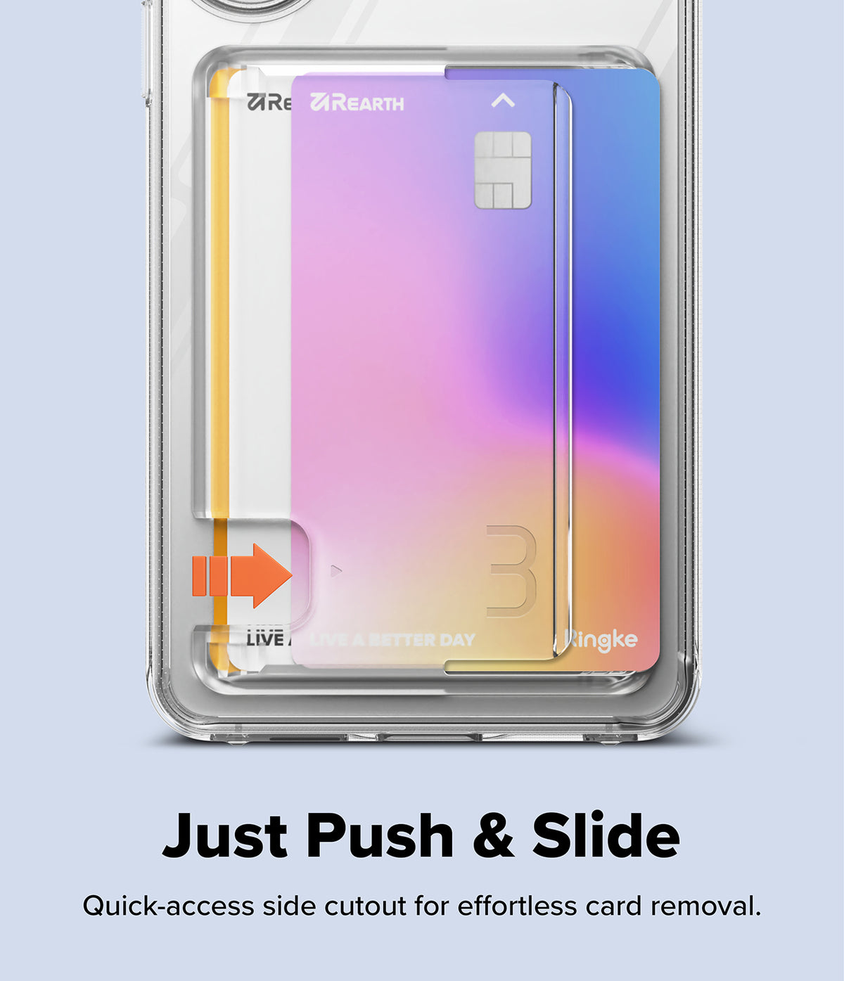 Galaxy S26 Plus Case | Fusion Card - Clear phone case with a card slot and an orange arrow showing how to slide out a card.