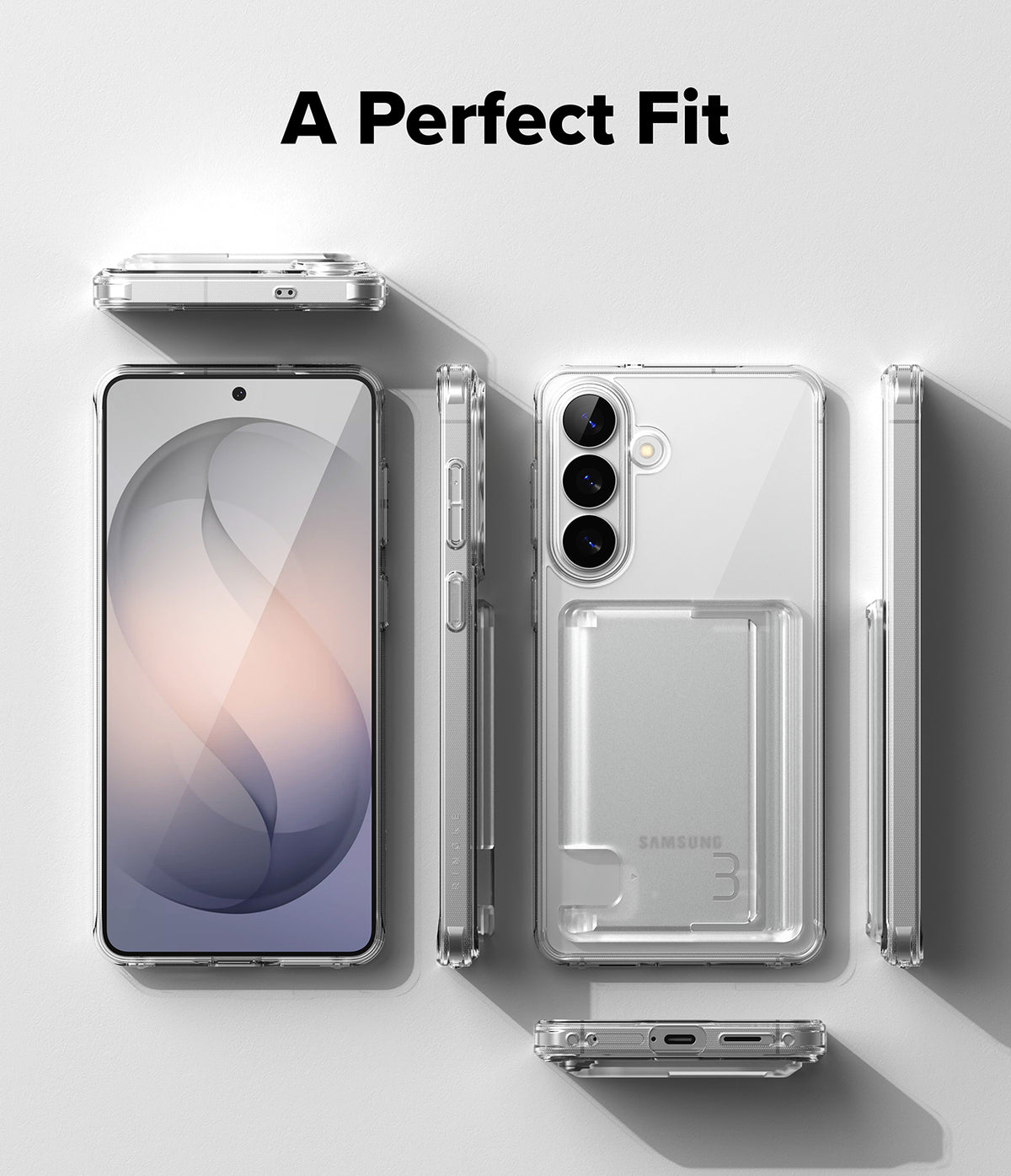 Galaxy S26 Plus Case | Fusion Card - Clear phone case with card slot shown from front, back, and side angles.