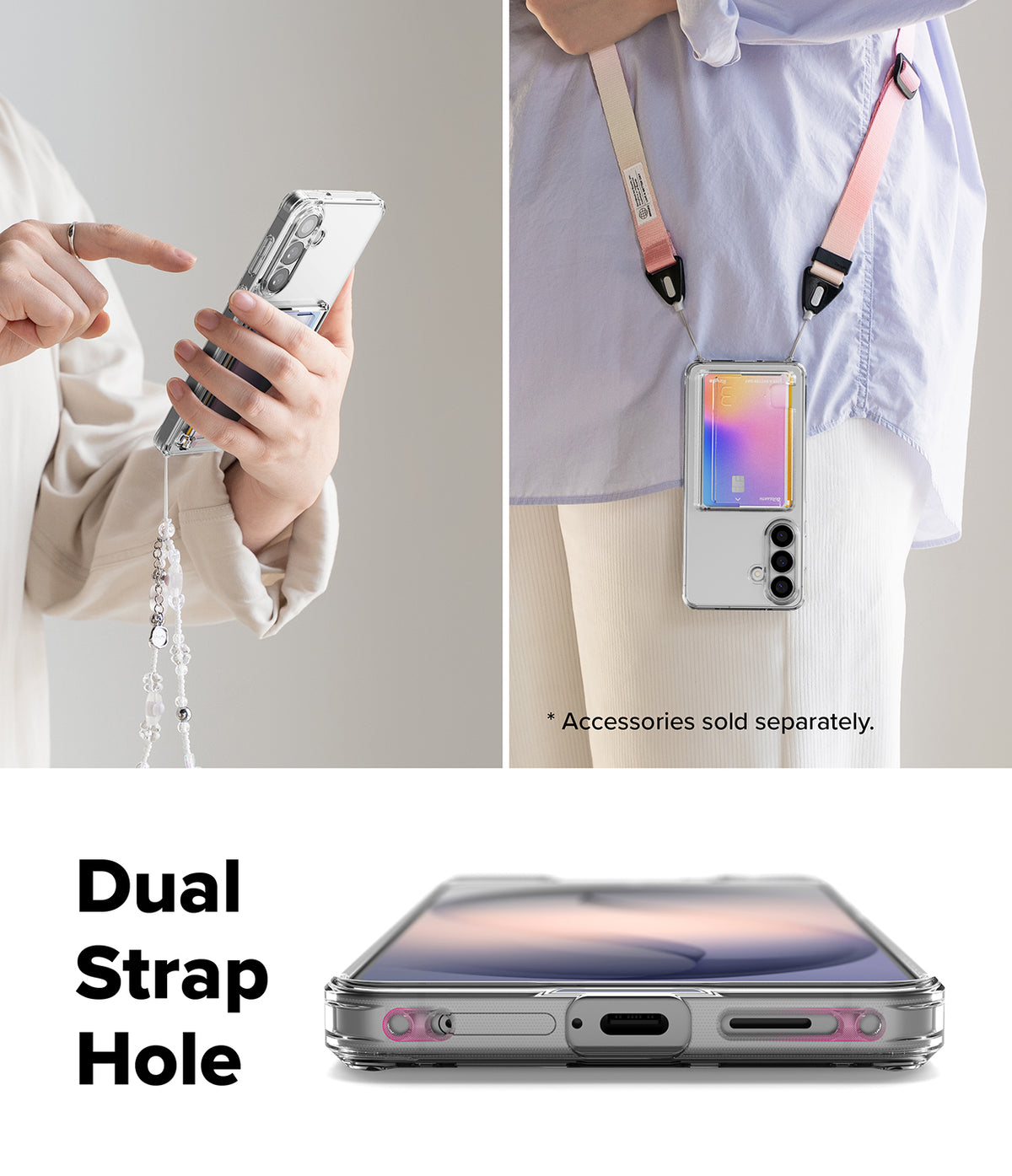 Galaxy S26 Plus Case | Fusion Card - Clear phone case with a card slot, shown with wrist and neck straps and dual holes.