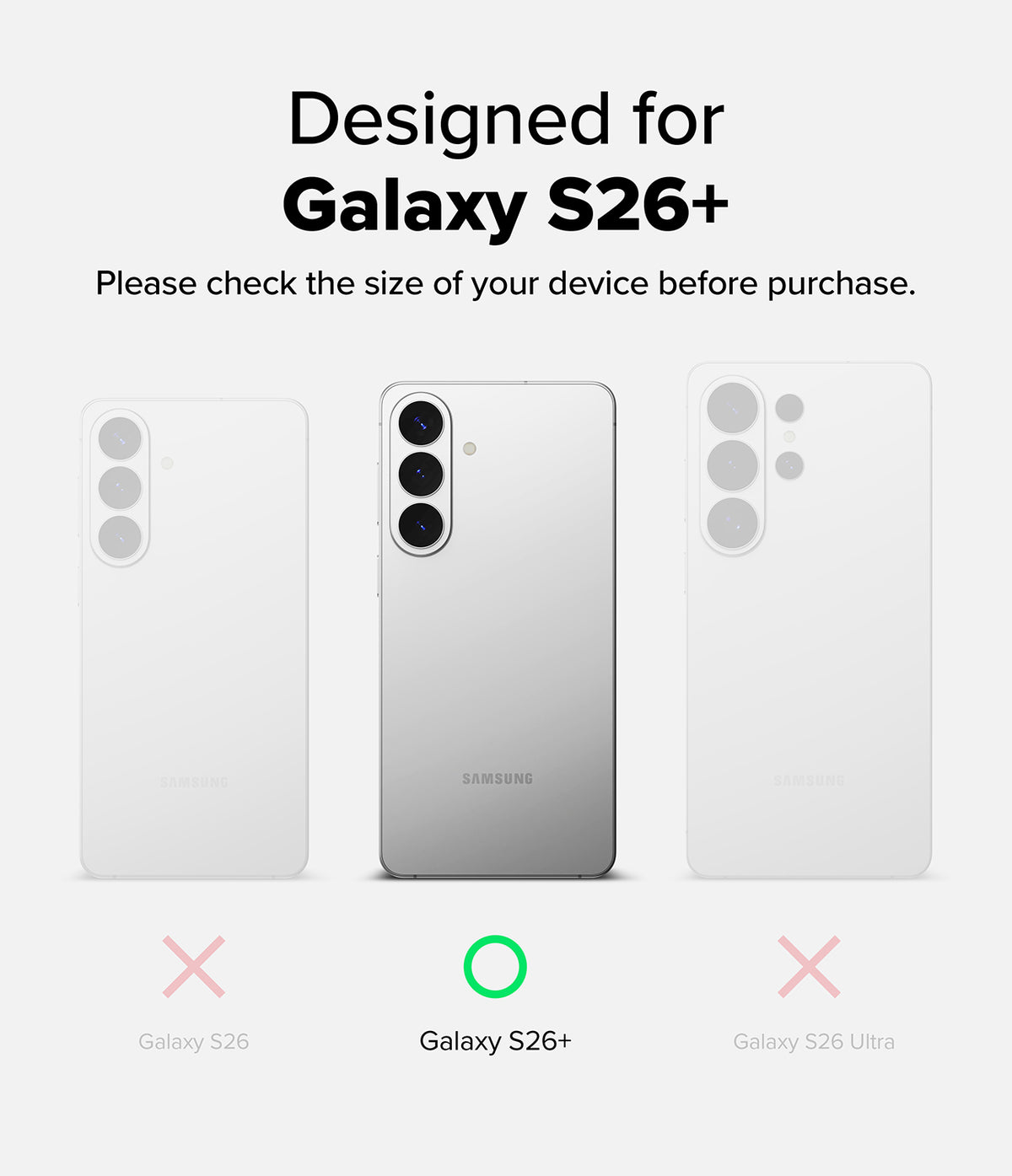 [Bundle] Galaxy S26 Plus | Fusion - Comparison of S26, S26+, and S26 Ultra phones with a green checkmark indicating the S26+.