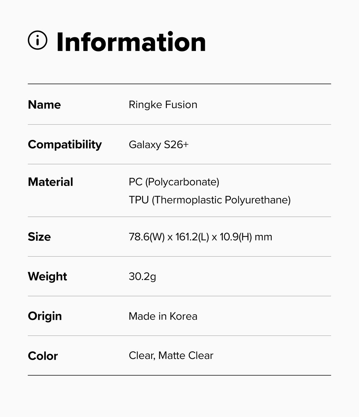 Galaxy S26 Plus Case | Fusion - Information table listing specifications for the Ringke Fusion case for Galaxy S26+.