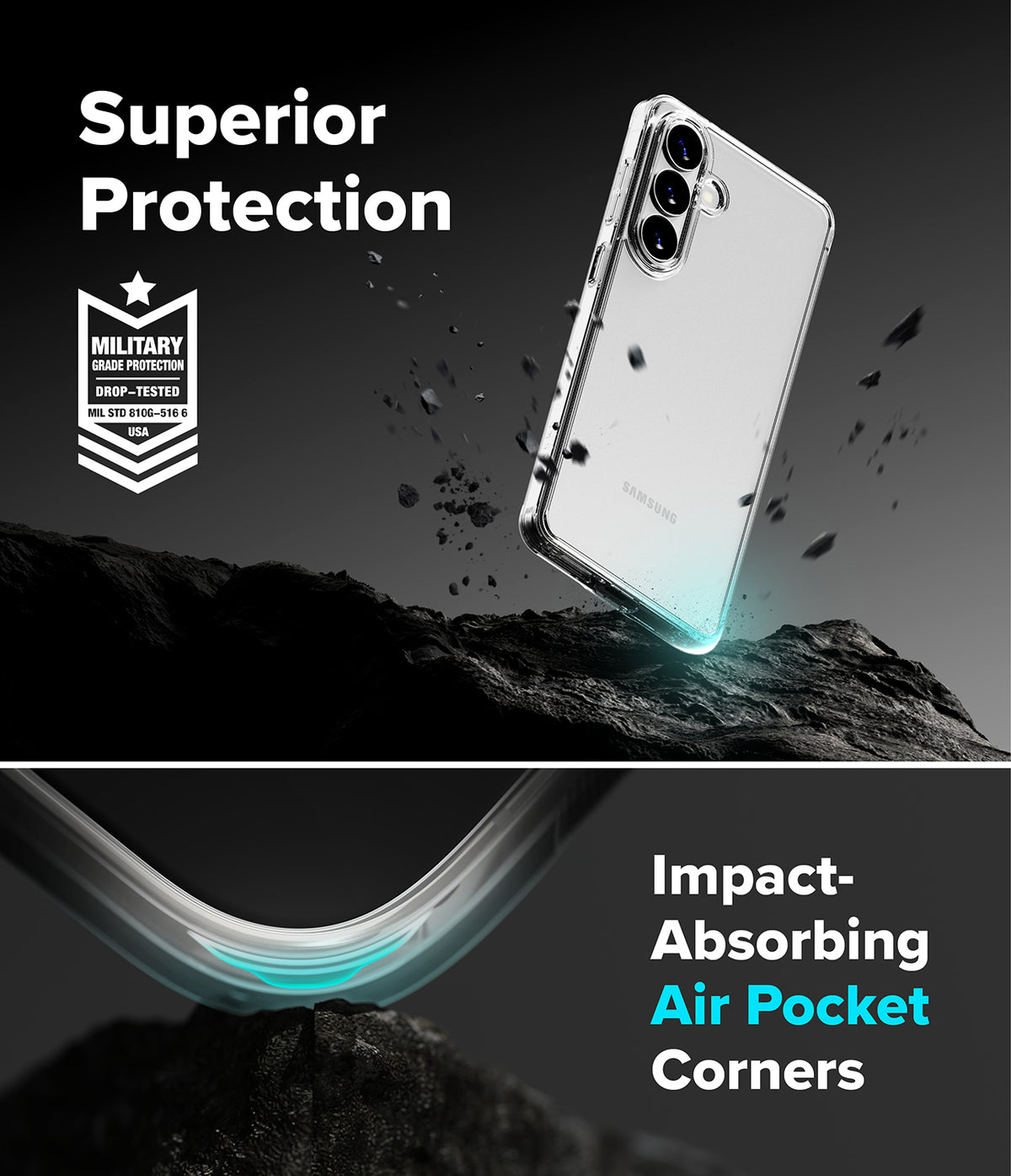 [Bundle] Galaxy S26 Plus | Fusion - Clear phone case on rocky surface with military-grade protection and air pocket corner detail.