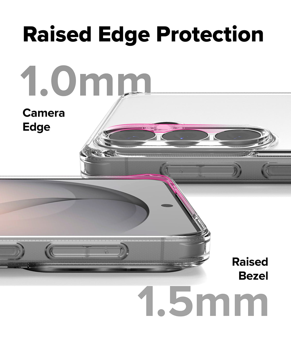 Galaxy S26 Plus Case | Fusion - Clear phone case showing 1.0mm camera edge and 1.5mm screen bezel protection.