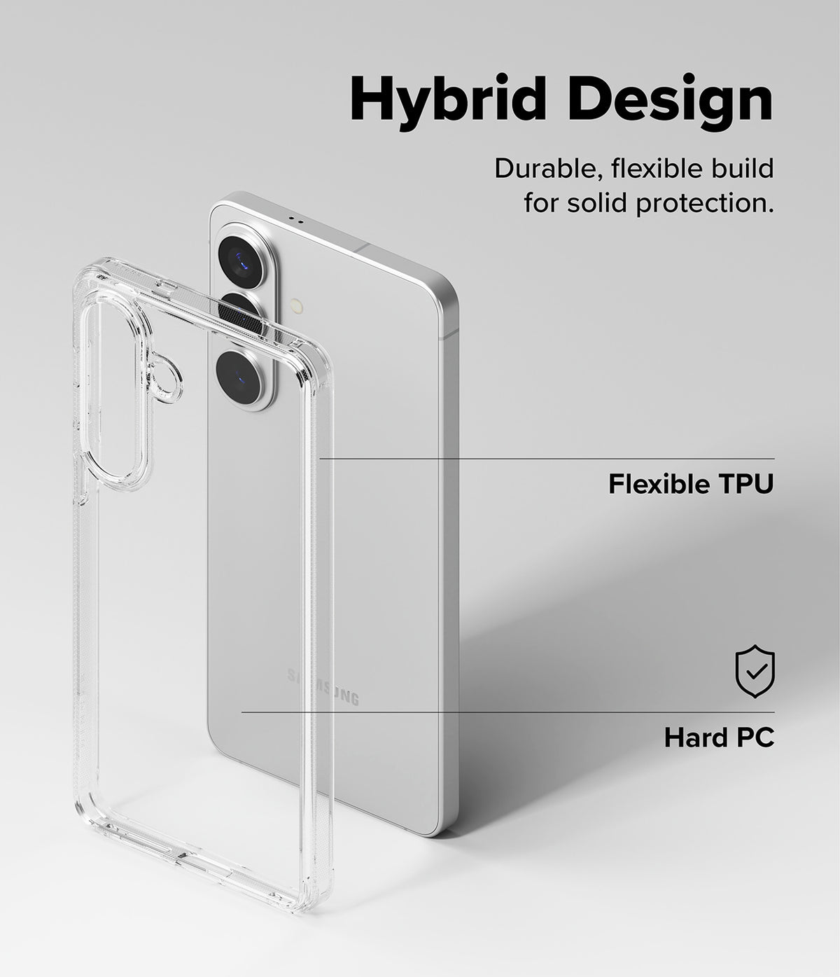 Galaxy S26 Plus Case | Fusion - Clear hybrid phone case showing flexible TPU frame and hard PC back panel components.