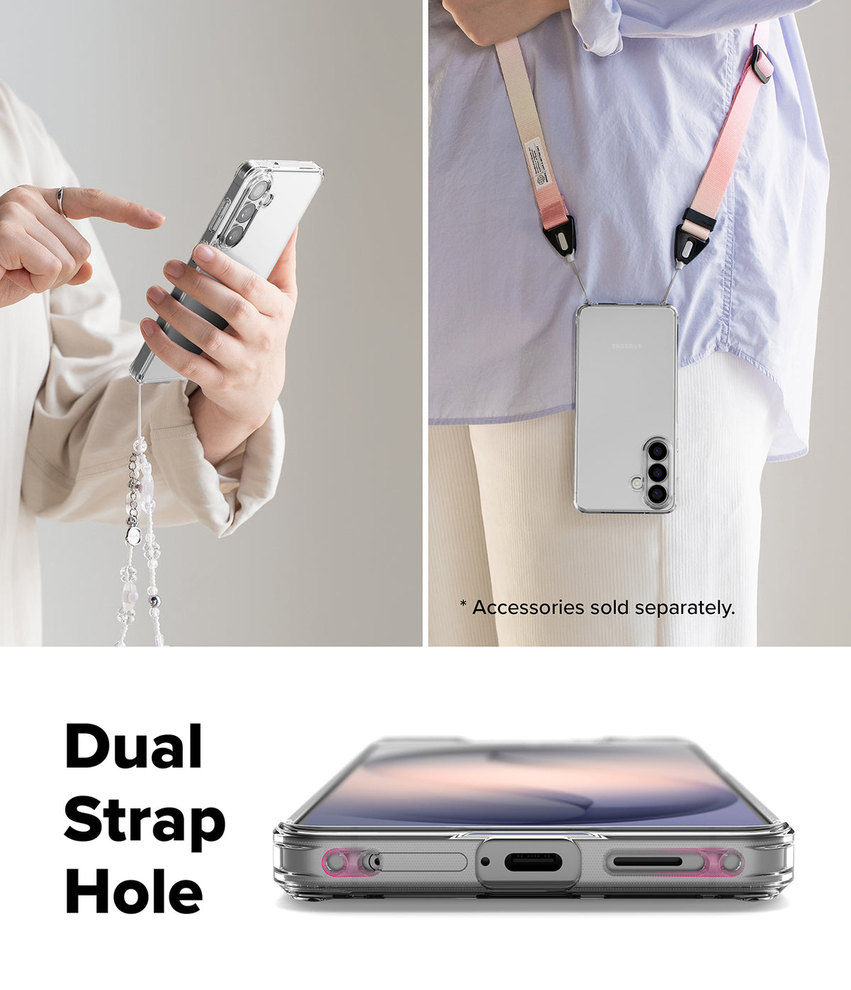 Galaxy S26 Plus Case | Fusion - Clear phone case with dual strap holes, shown worn with lanyards and held in hand.