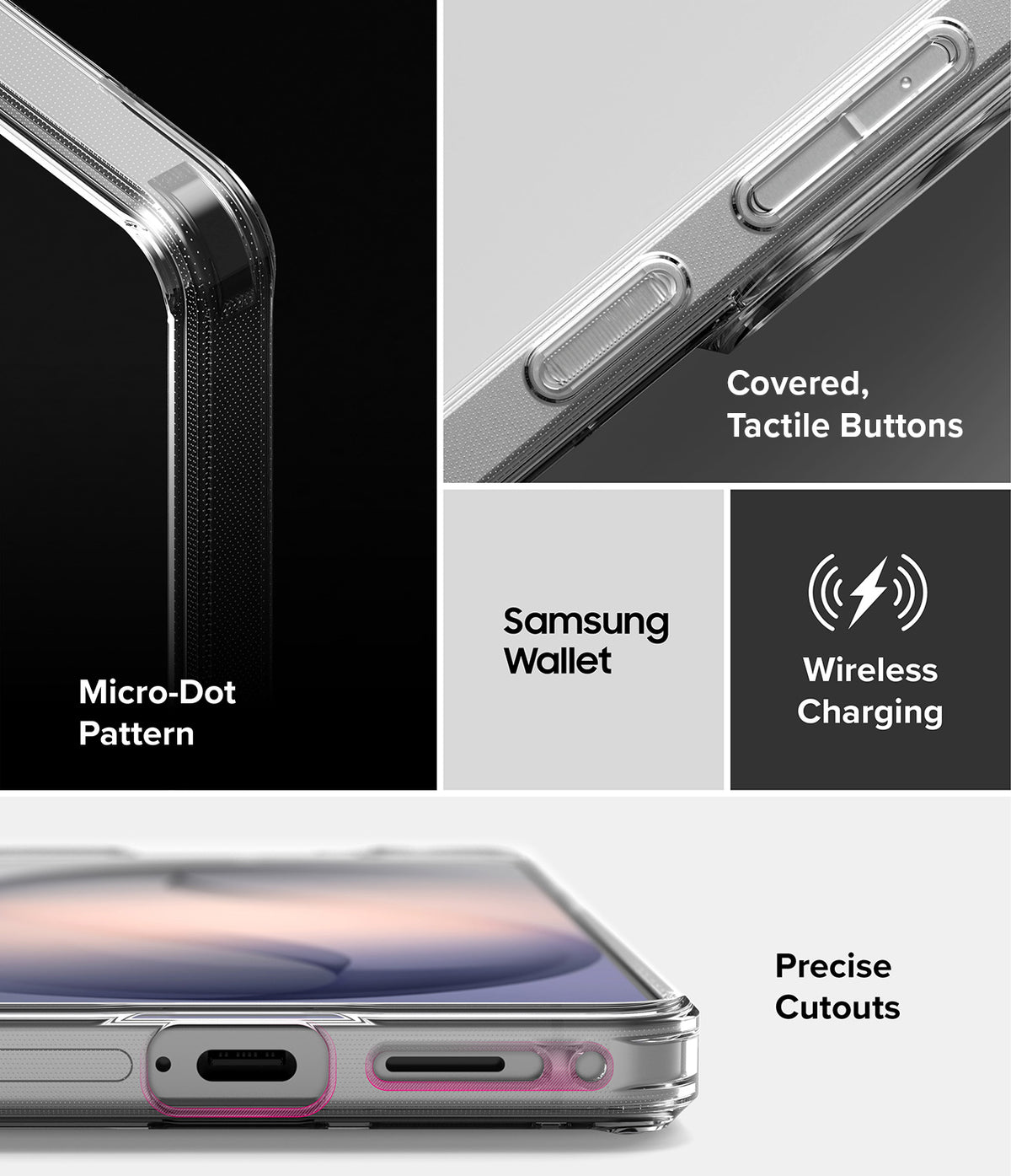 Galaxy S26 Plus Case | Fusion - Clear case features, tactile buttons, micro-dot pattern, wireless charging, and precise cutouts.