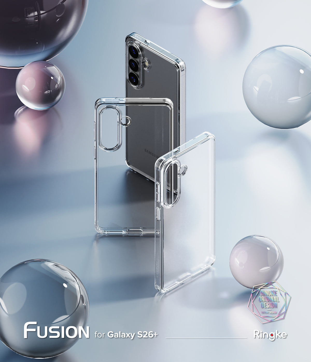 [Bundle] Galaxy S26 Plus | Fusion - Clear phone cases for Galaxy S26 Plus displayed with glass spheres on a reflective surface.