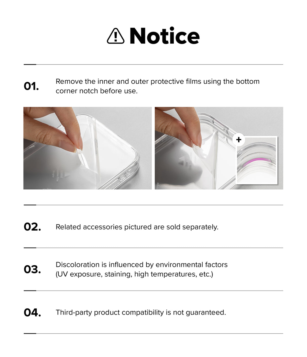 Galaxy S26 Plus Case | Fusion Matte - Instructional graphic showing how to peel protective film from a phone case.