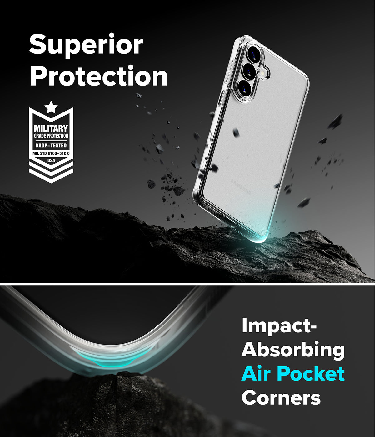 [Bundle] Galaxy S26 Plus | Fusion - Clear phone case hovering over rocky terrain with military-grade drop protection and air-cushioned corners.