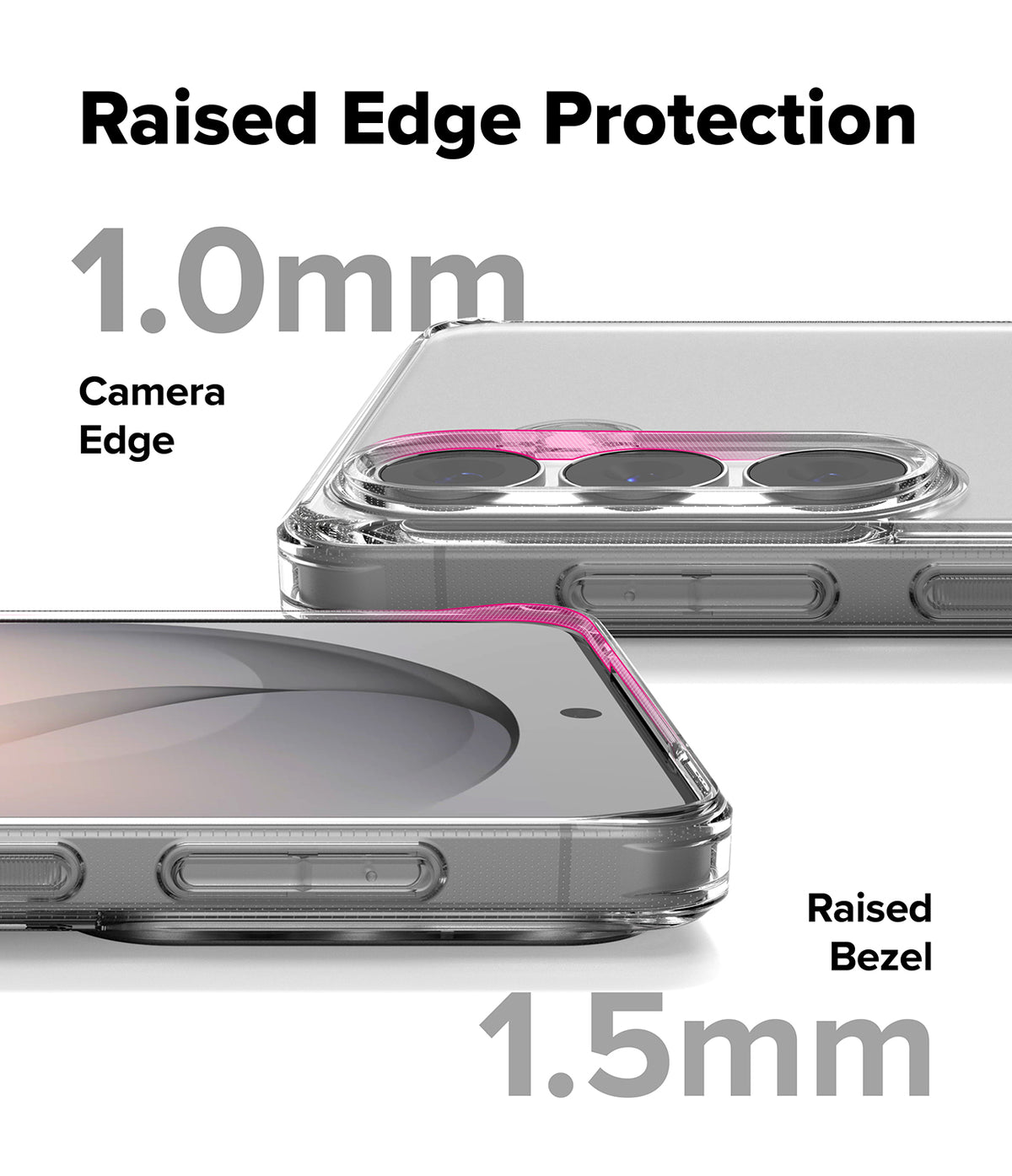 Galaxy S26 Plus Case | Fusion Matte - Close-up of phone case showing 1.0mm camera edge and 1.5mm screen bezel protection.