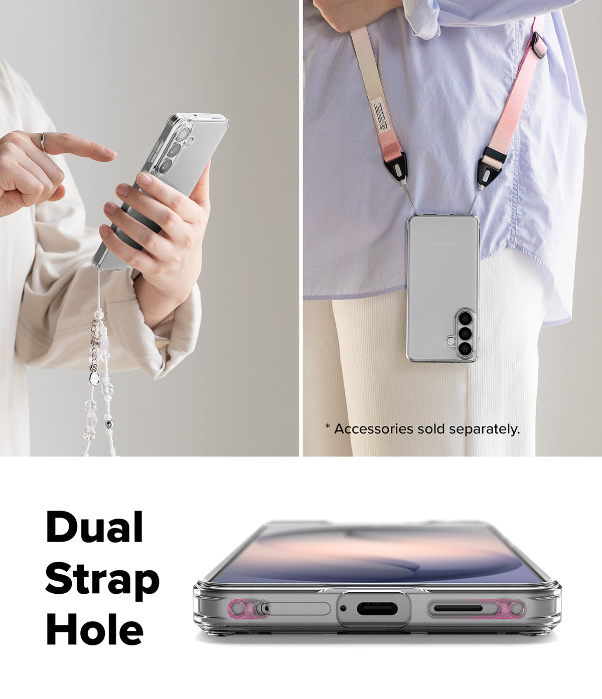 Galaxy S26 Plus Case | Fusion Matte - Phone case with dual strap holes shown in use with various lanyards and accessories.