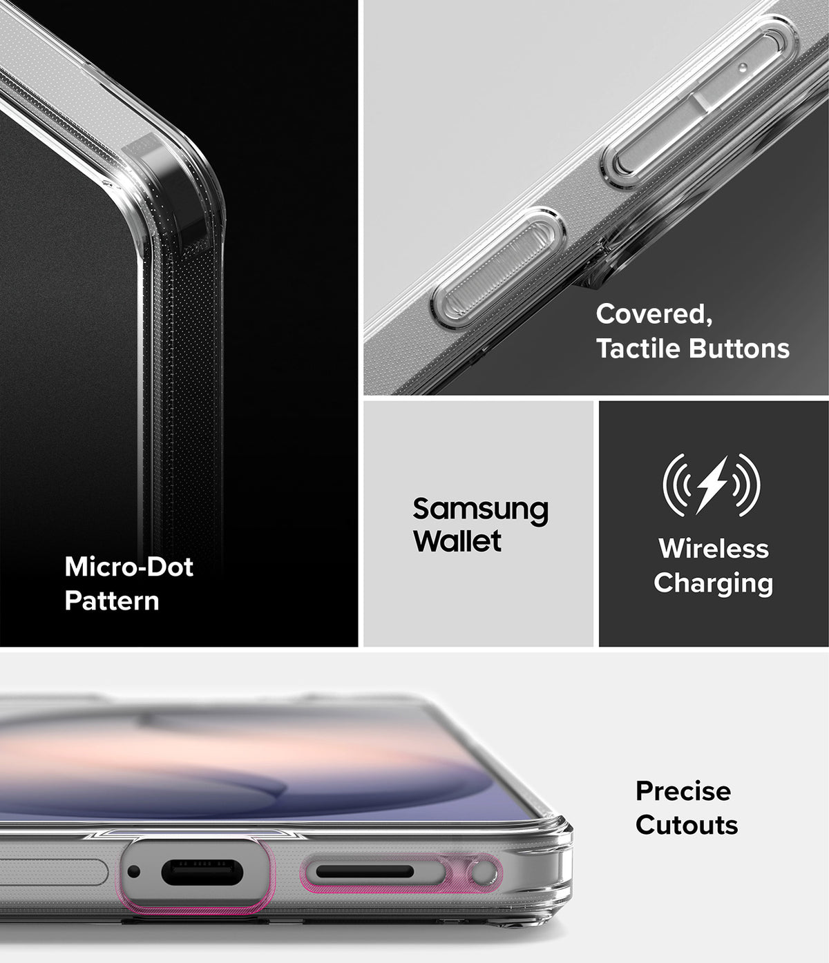 Galaxy S26 Plus Case | Fusion Matte - Close-up views of case features: micro-dot pattern, tactile buttons, and precise cutouts.