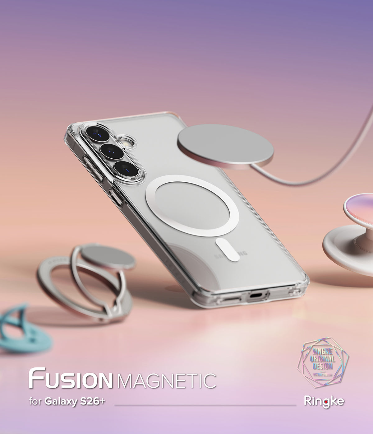 [Bundle] Galaxy S26 Plus | Fusion Magnetic - Galaxy S26 Plus | Fusion Magnetic - Clear phone case with magnetic ring on back, floating charger, and accessories.