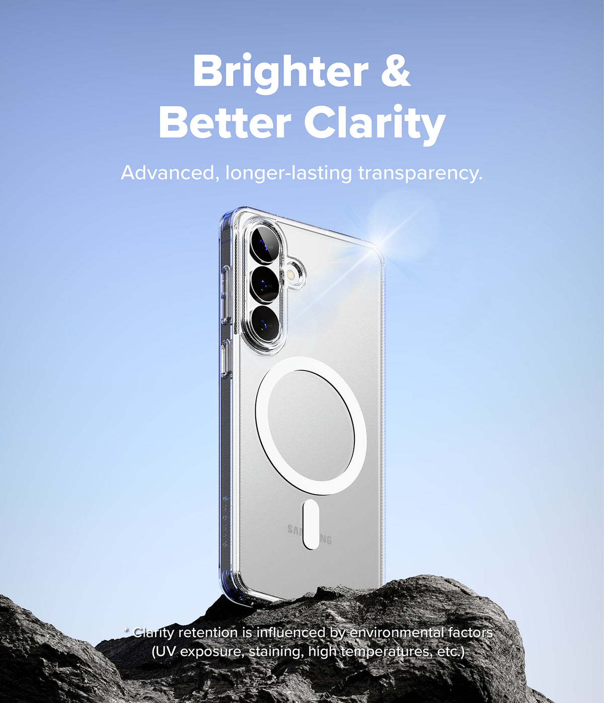 [Bundle] Galaxy S26 Plus | Fusion Magnetic - Clear magnetic phone case on a rock against a blue sky with text about clarity.