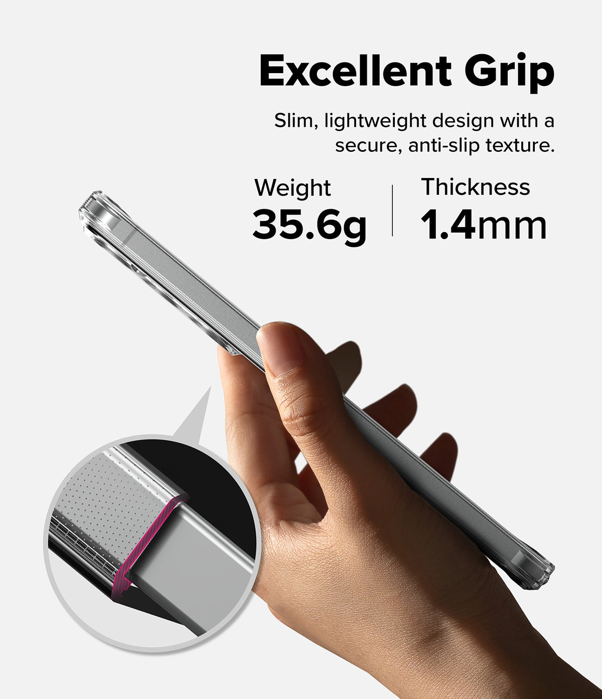 [Bundle] Galaxy S26 Plus | Fusion Magnetic - Hand holding a slim, textured phone case with 35.6g weight and 1.4mm thickness.