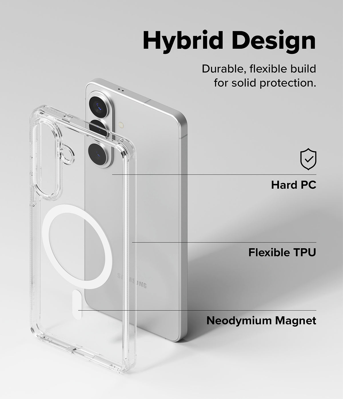 Galaxy S26 Plus Case | Fusion Magnetic - Exploded view of clear phone case showing hard PC, flexible TPU, and magnet.