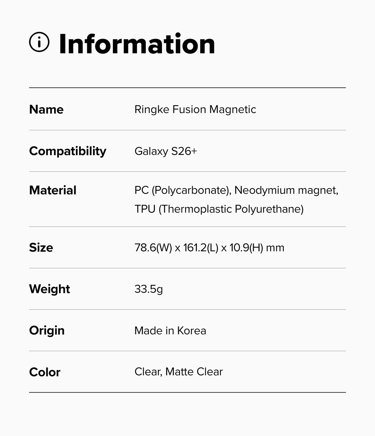 Galaxy S26 Plus Case | Fusion Magnetic Matte - Technical specifications table for the Ringke Fusion Magnetic phone case.