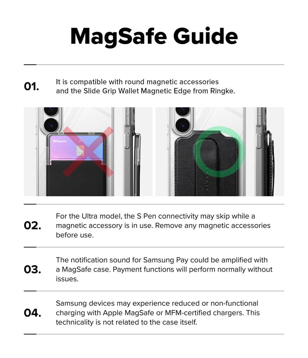 Galaxy S26 Plus Case | Fusion Magnetic Matte - Infographic showing MagSafe compatibility, S Pen, and charging tips.