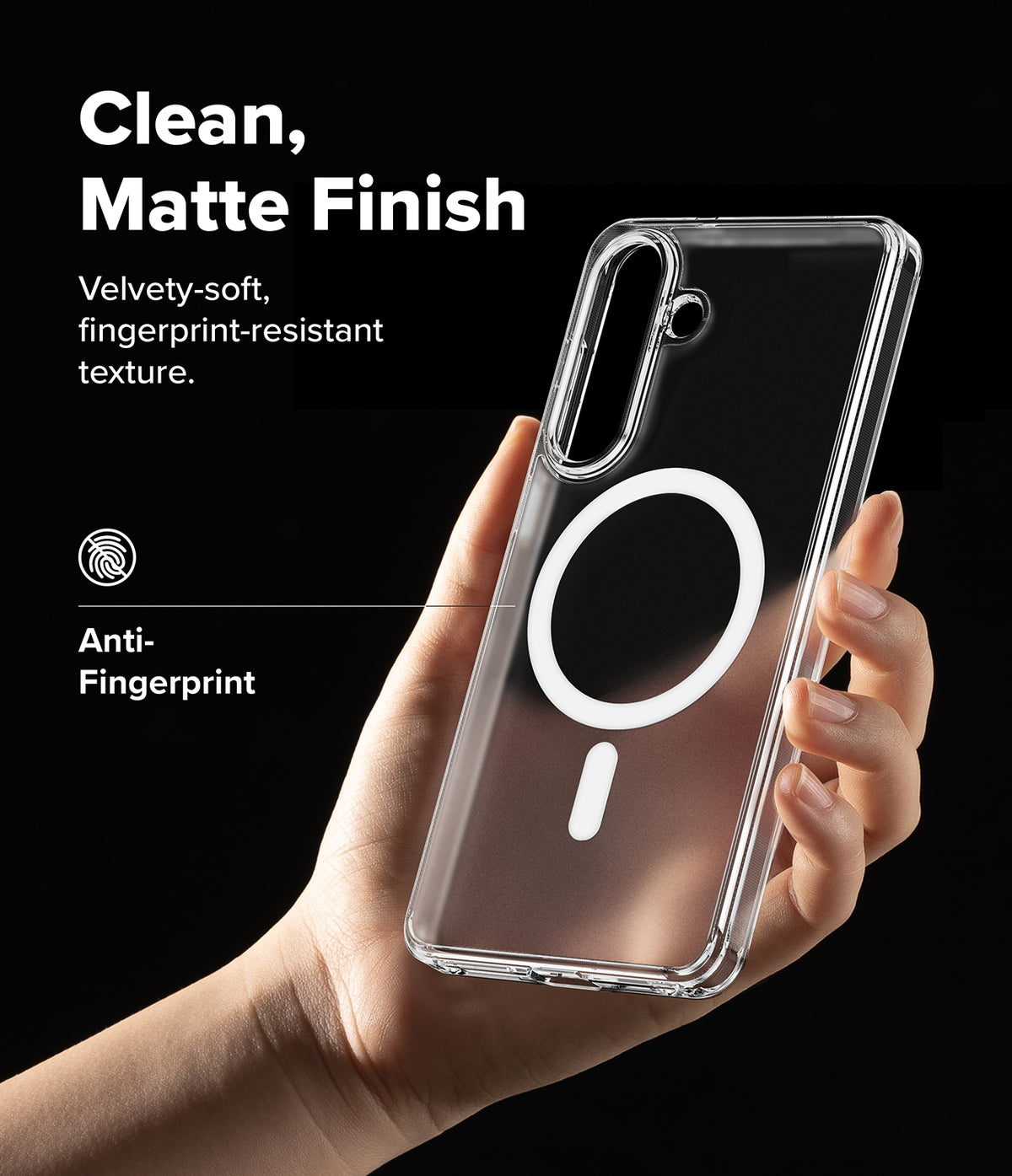 [Bundle] Galaxy S26 Plus | Fusion Magnetic - Hand holding a clear magnetic phone case with matte finish against black.