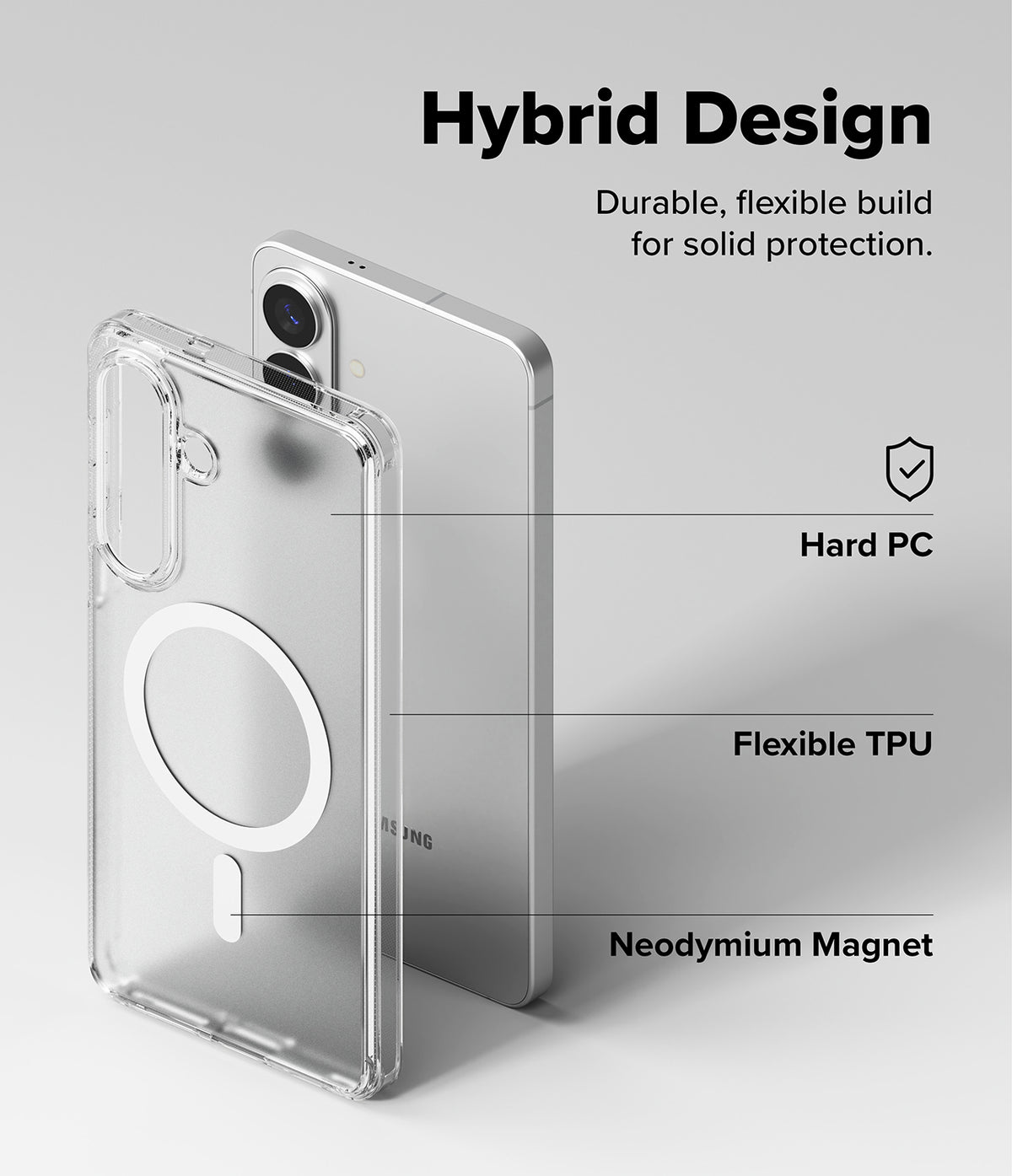 Galaxy S26 Plus Case | Fusion Magnetic Matte - Exploded view of a phone case showing hard PC, flexible TPU, and magnets.