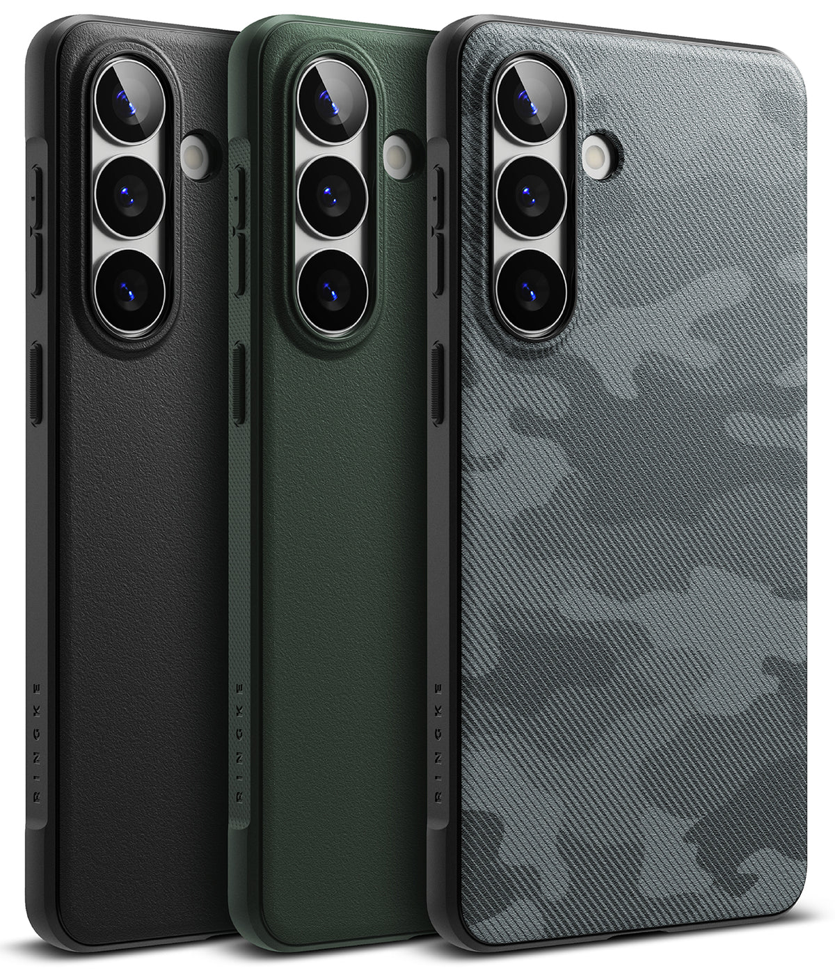 Galaxy S26 Plus Case | Onyx - Three Galaxy S26 Plus cases in black, green, and gray camo, showing rear camera cutouts and side buttons.