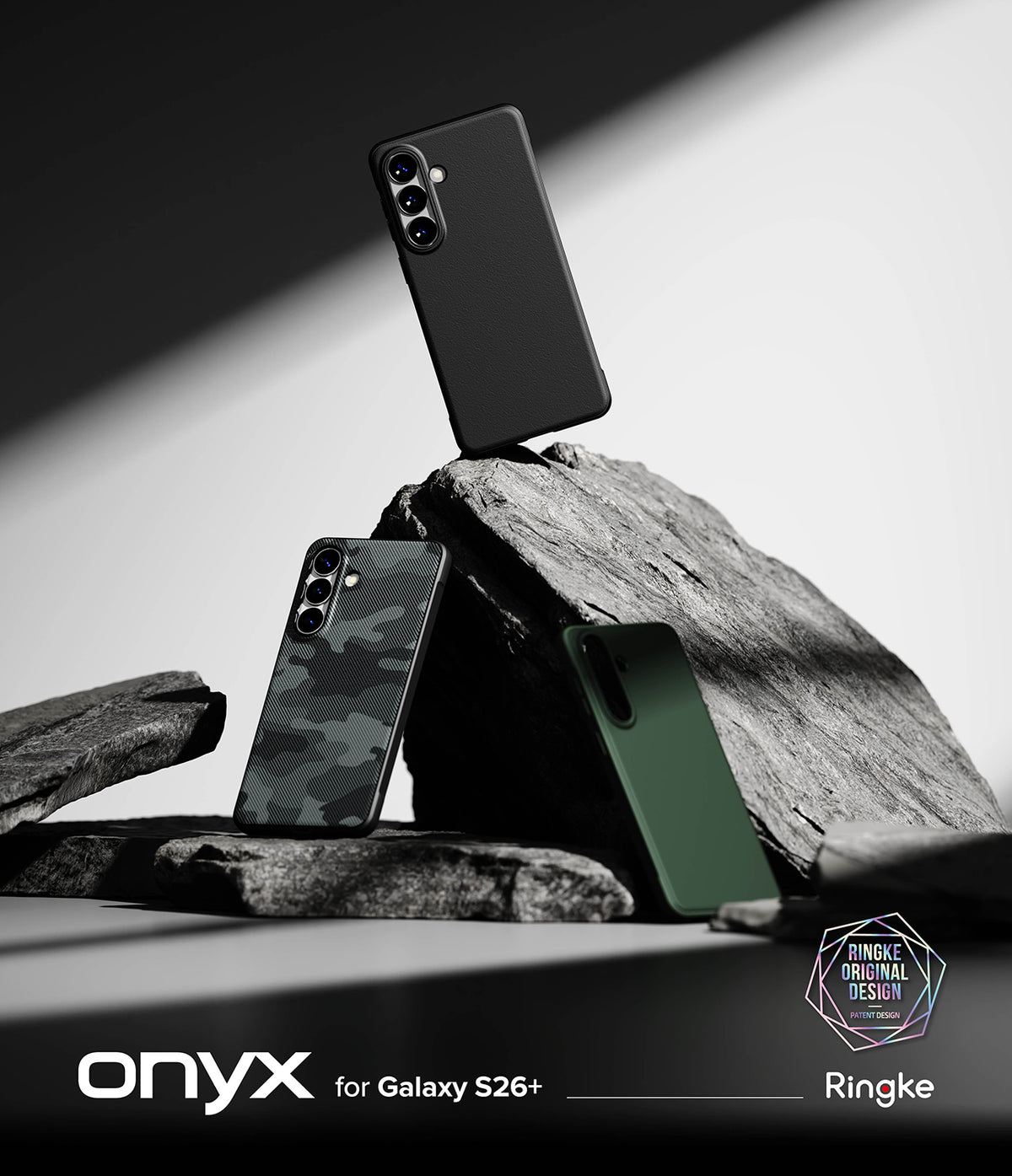[Bundle] Galaxy S26 Plus | Onyx - Three Galaxy S26+ phone cases in black, camo, and green displayed on jagged rocks.