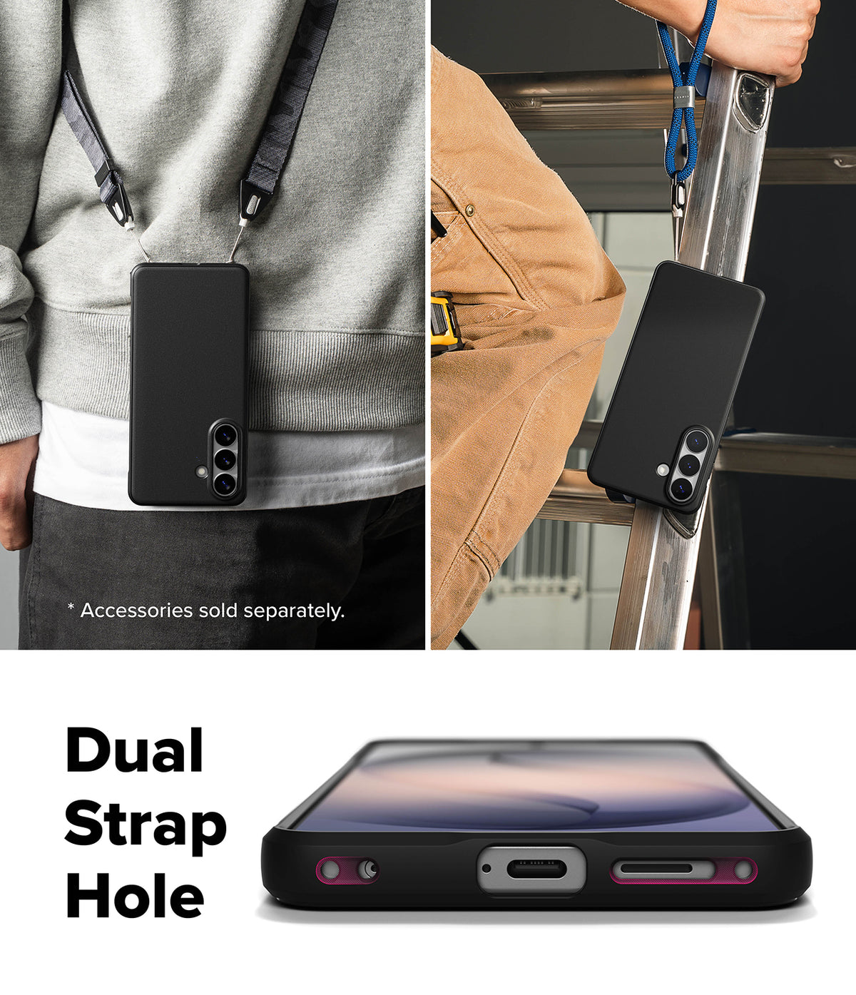 Galaxy S26 Plus Case | Onyx - Black phone case with dual strap holes shown worn with lanyards and from the bottom edge.